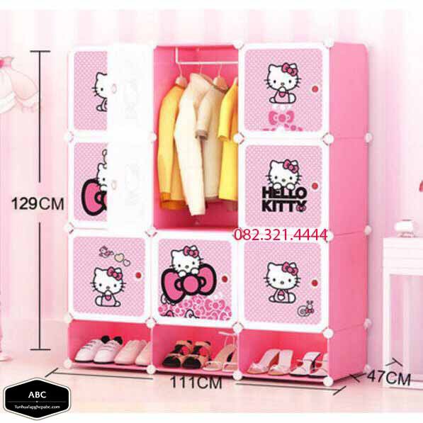 Tủ nhựa lắp ghép 9 ô 3 giày mẫu hello kitty.