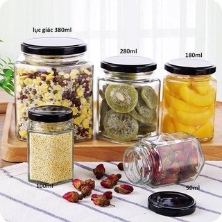 COMBO 6 HŨ THỦY TINH 200ML (180ML) LỤC GIÁC NẮP THIẾC CHƯNG YẾN, ĐỰNG MẶT NẠ, ĐỰNG BỘT, MẬT ONG MẪU