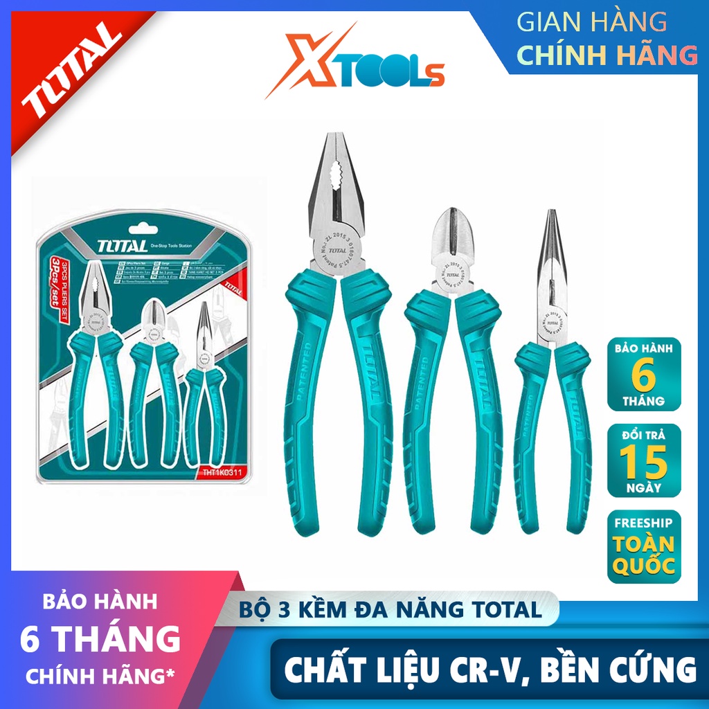 Bộ 3 kìm điện, kìm cắt, kìm mũi nhọn TOTAL THT1K0311 | bộ kềm đa năng gồm ba loại răng 7&quot;, mũi dài 6&quot;, cắt 6&quot;, đầu kềm đ