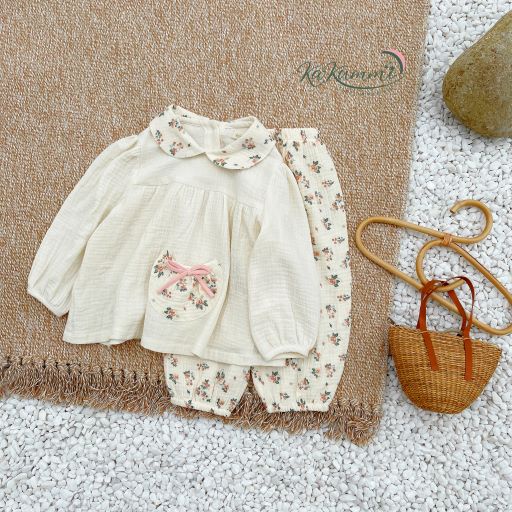 Set áo babydoll cổ sen quần hoa cho bé gái (KM22-ST239) Kakummi