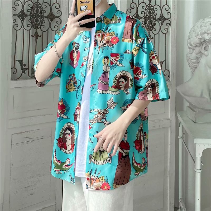 Áo sơ mi nam tay ngắn hoa văn 3d in phong cách retro Thái Lan 2021 (Size M-3Xl)