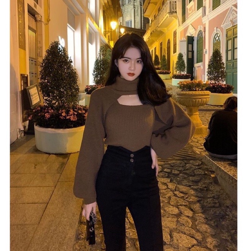 Áo Len Cổ Lọ Khoét Ngực Sexy; Set Áo Kiểu Kèm Áo Len Ba Lỗ Sang Chảnh; Chất Len Tăm Siêu Chất