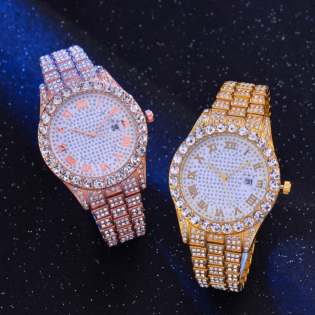 Đồng hồ kim loại mặt số la mã đính đá nhân tạo sang trọng cho nữ