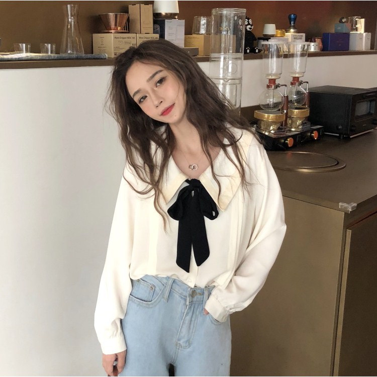 Áo sơ mi cổ nơ dài tay dáng rộng ulzzang 3906