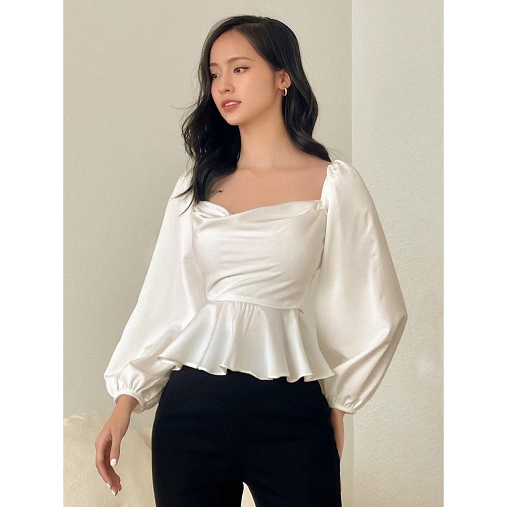 RECHIC Áo Kiểu Monissy màu trắng cổ thuyền cột dây nơ lưng tay dài chiết eo xinh xắn thanh lịch đi chơi đi làm