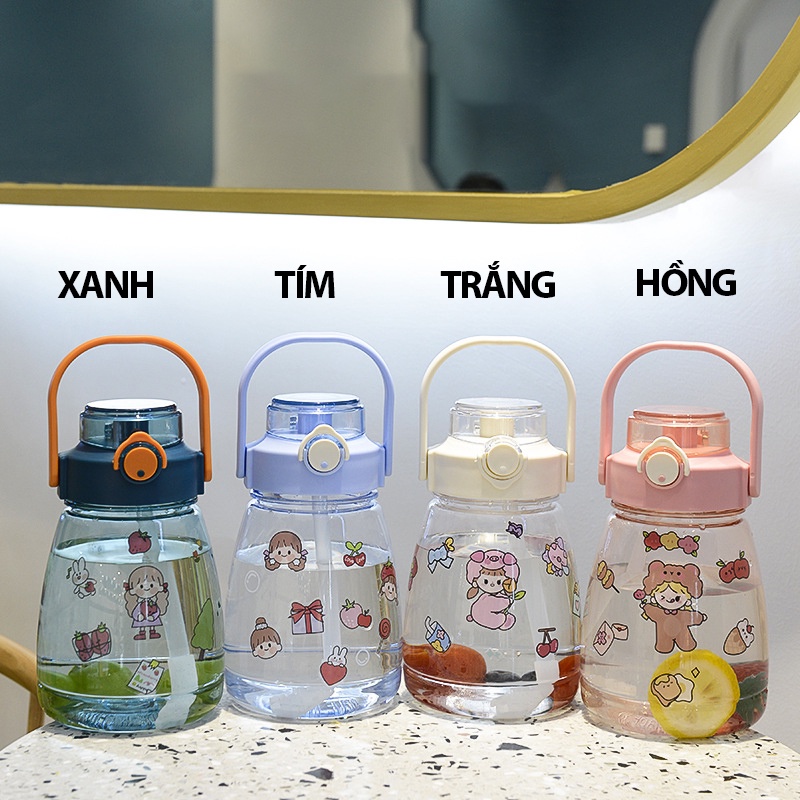 Bình nước cute nhựa có ống hút, bình đựng nước dễ thương có nút bấm 1100ml Heria Store