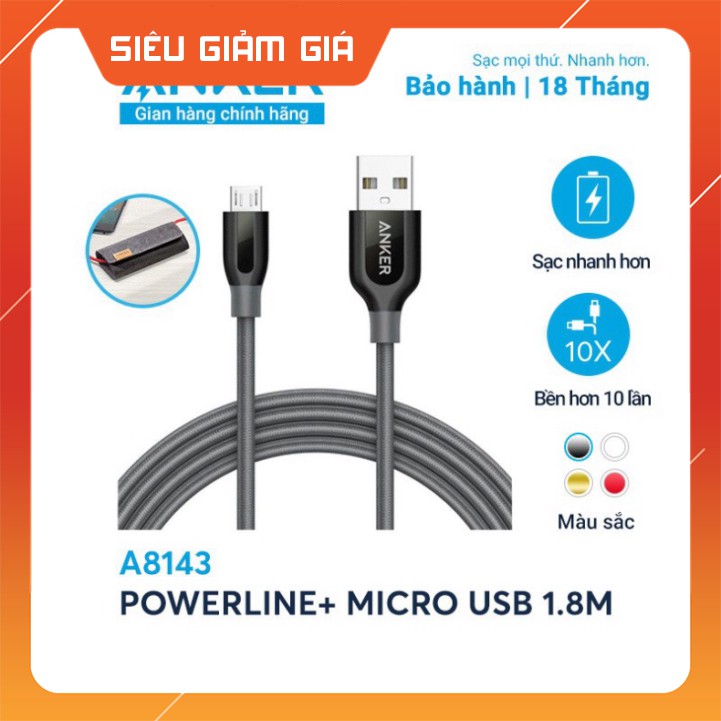 [Có bao da] Cáp sạc ANKER PowerLine+ Micro USB dài 1.8m - A8143