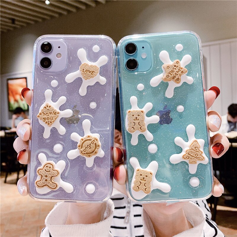 Cute 3D Stereo Milk Cookie Phone Case For OPPO A52/A92 A55 A59 A73/A79/F5 A11/A5 2020 A9 2020/A11X F11/A9/A9X A8/A31 F9/F9PRO/A7X A5/A3S/A12E A92S/RENO4Z A91/F15 A93 5G A72 5G/A53 5G A31/A53 2020 RENO5PRO RENO5/RENO5X Capa Soft Glitter Clear Cover Shell