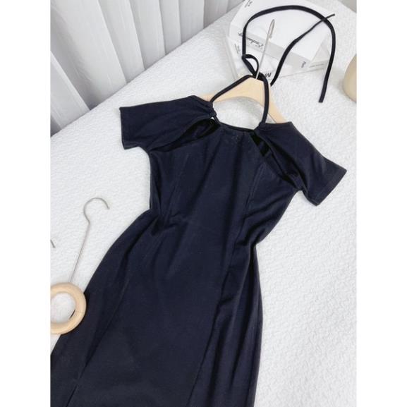 Đầm body đen cut ngực cột dây cổ xẻ đùi , đầm midi thun đen ôm xẻ tà
