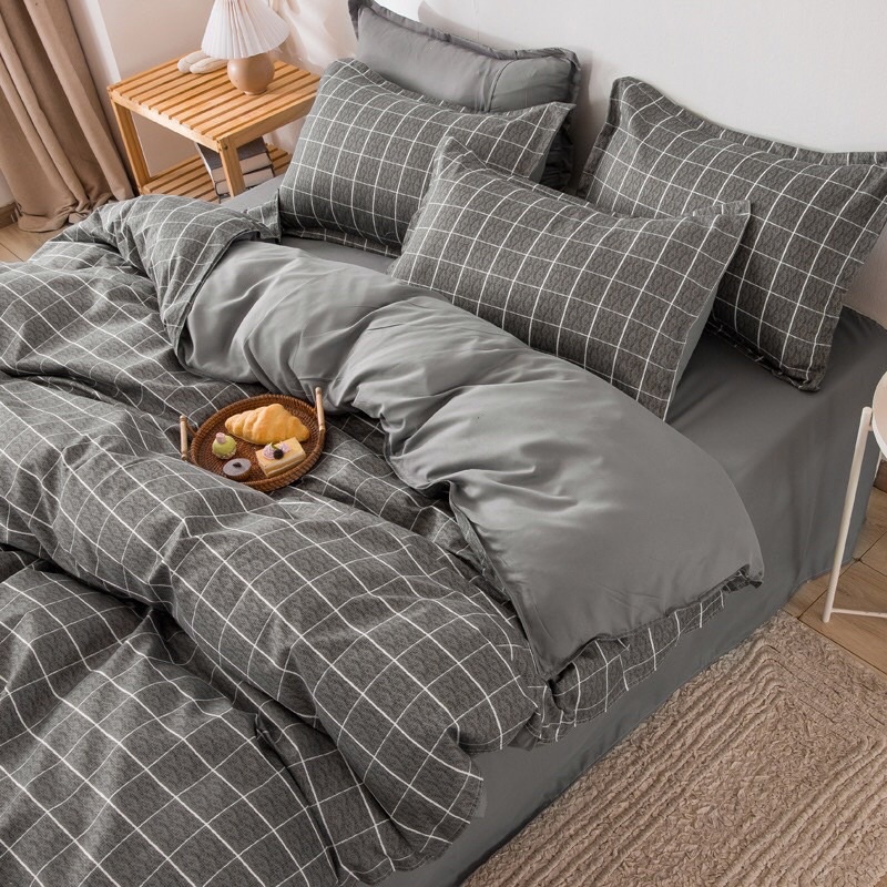 Bộ vỏ chăn ga cotton poly hàng nhập khẩu mẫu kẻ dạ xám ,đủ kích thước ga giường