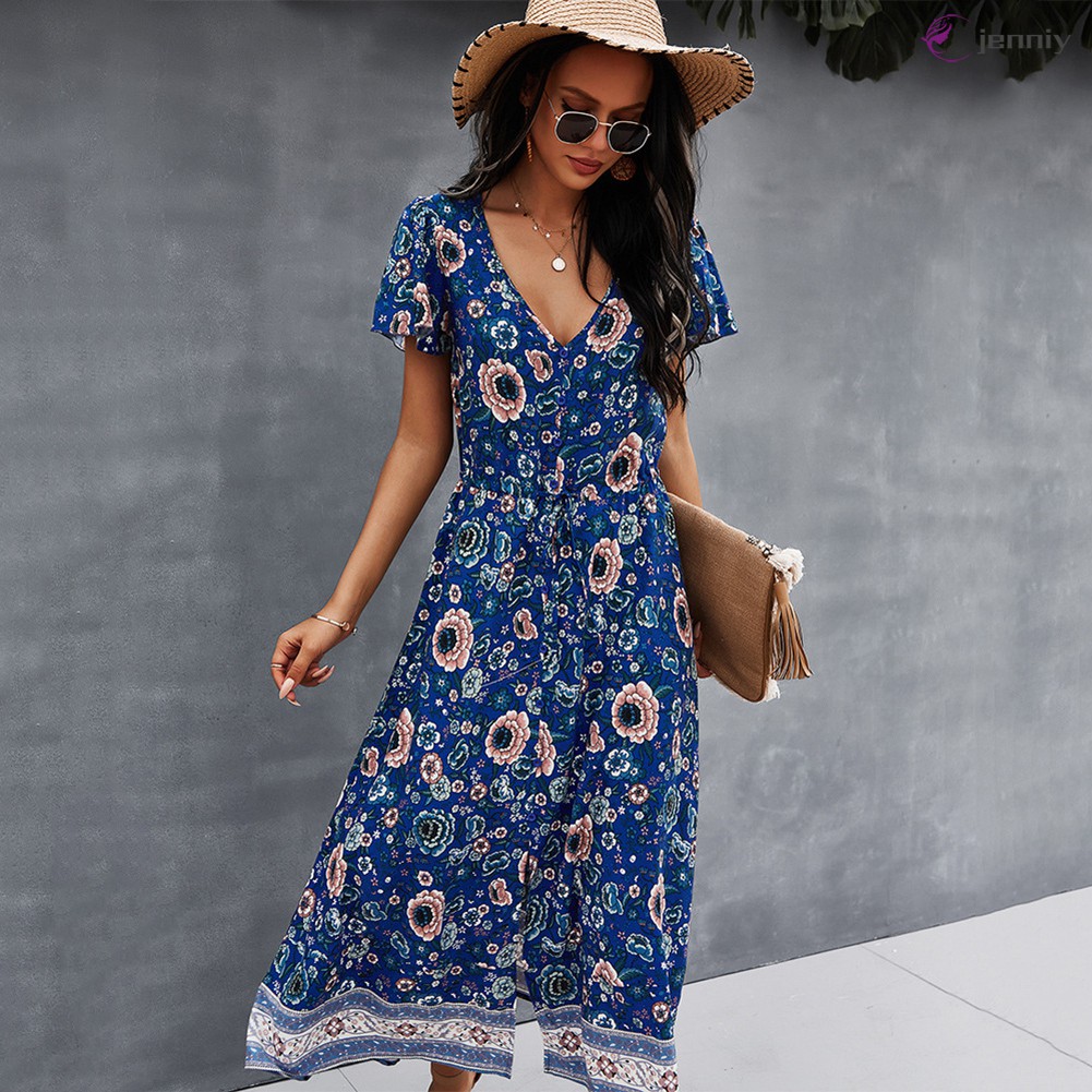 Đầm Dài Tay Ngắn Cổ Chữ V In Họa Tiết Hoa Thời Trang Mùa Hè Cho Nữ | BigBuy360 - bigbuy360.vn