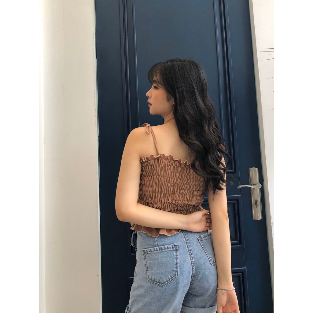 ÁO 2 DÂY NHÚN BÈO BUỘC NƠ ULZZANG ĐEN TRẮNG TÍM NÂU - ÁO CROPTOP HAI DÂY THẮT NƠ HOT