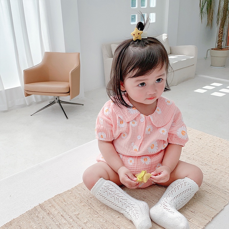 Set Áo Thun + Quần Short cotton Phối Ren Hoa Cúc Xinh Xắn Cho Bé Gái