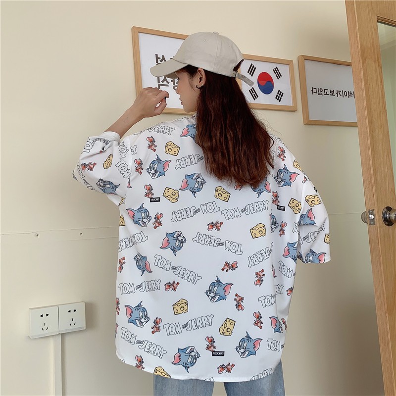 áo sơ mi nữ unisex in hoạt tiết hoạt hình tom and jerry