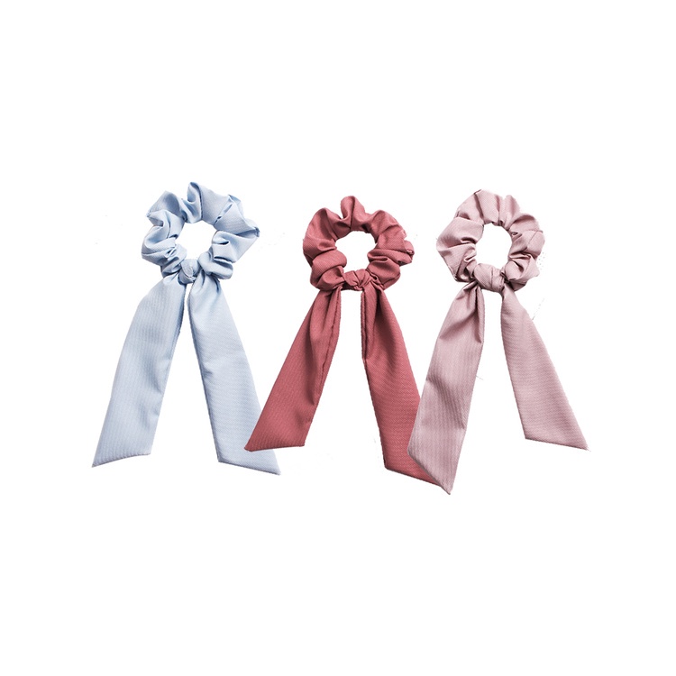 Happygrow 3 x Ribbon Rope Cute Ties Women's Large Intestine Soft Hair Band Bow Ponytail Printing Knot Female Head Ring (Blue + Brick Red + Skin Tone)