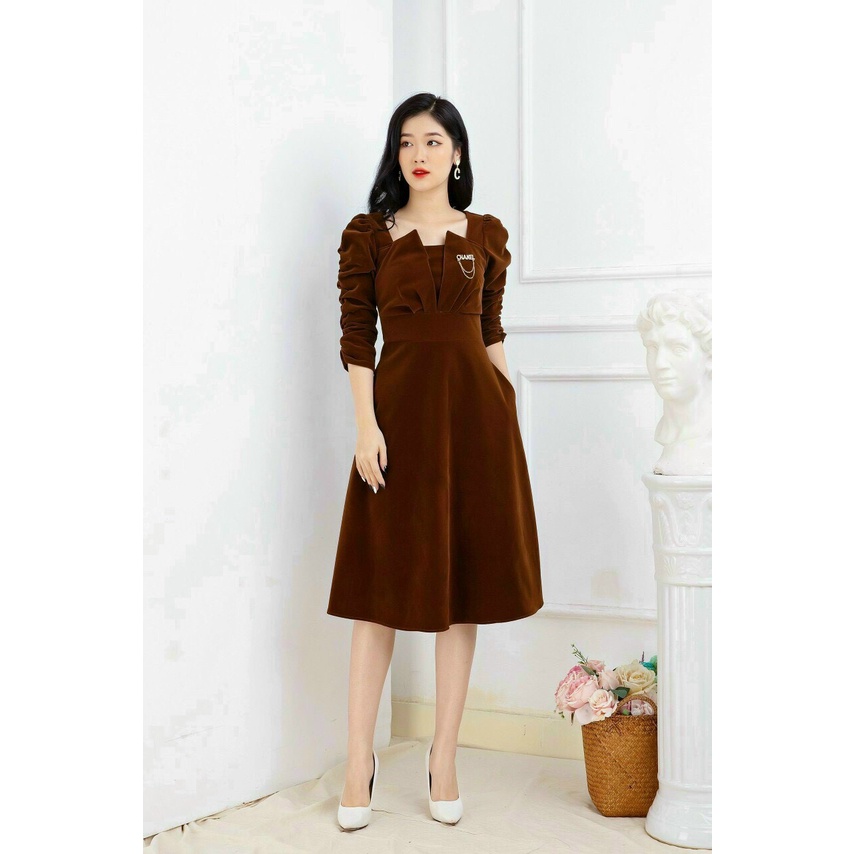 Váy nhung nữ dự tiệc công sở dáng xòe tay rúm bồng, cúp ngực 2 bên thiết kế MQ Boutique cao cấp