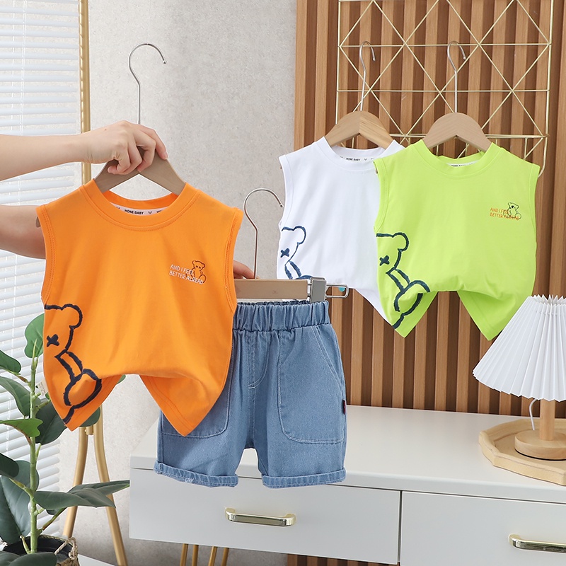 Bộ Áo Sát Nách + Quần Short Denim In Hình Gấu Hoạt Hình Mùa Hè Kích Thước 80-120cm Cho Trẻ Em