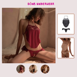 Váy ngủ 2 dây, đồ ngủ sexy yếm lụa cao cấp phối ren gợi cảm freesize 45 - 55kg V1251