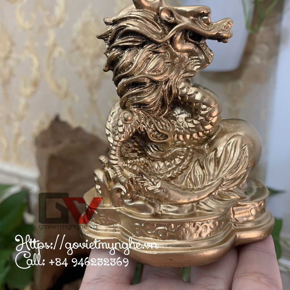 Tượng đá con rồng trang trí phong thủy bàn làm việc kệ sách mang may mắn chiêu tài lộc - Màu Nhũ Vàng - Cao 11cm