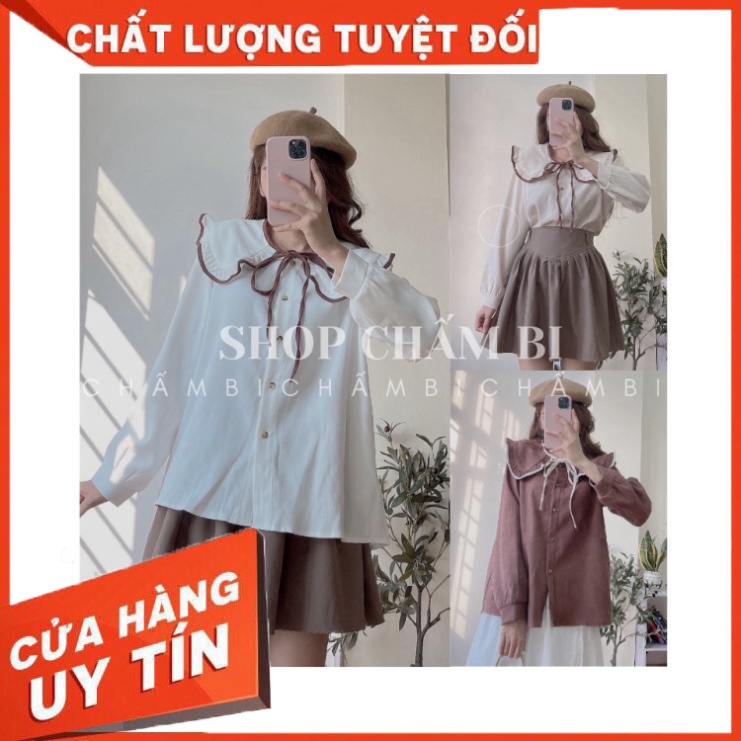 Áo sơ mi kiểu nữ A.273, Áo dài tay dạ nhung cổ thủy thủ bèo nhún viền nâu-be tiểu thư - Hàng nhập khẩu