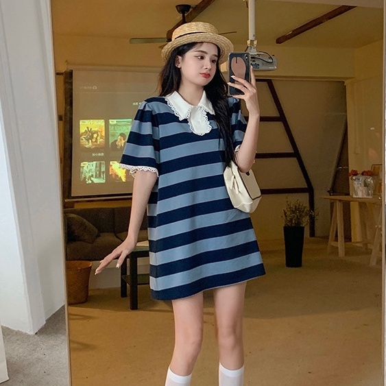 Đầm Cổ Polo Họa Tiết Kẻ Sọc Viền Ren Dáng Rộng Thời Trang Mùa Hè Hàng Mới Dành Cho Bạn Nữ