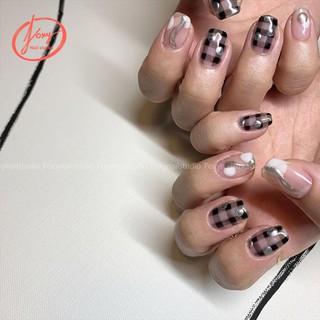 [NAILBOX] Bộ móng giả caro đen trắng  ẩn gold tôn tay - Dùng được nhiều lần