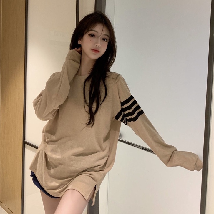 Áo thun COZOKC tay dài cổ tròn dáng rộng xẻ tà thời trang cho nữ