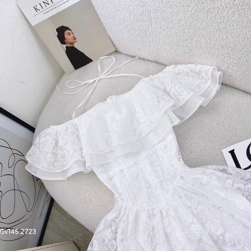 G1- đầm midi ren trắng bẹt vai bèo Gv145, chất ren có mút, freesize