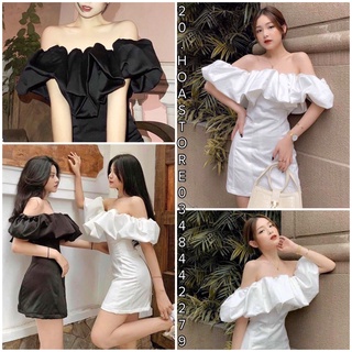 Đầm body trễ vai trắng bèo nhún tay phồng sexy - váy trễ vai nhúm bèo tay rớt vai dự tiệc ulzzang