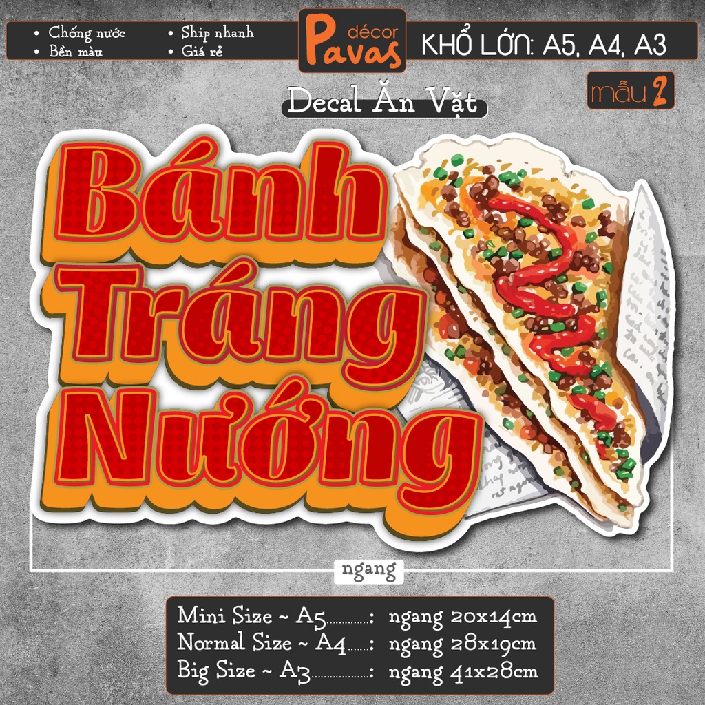 Decal Bánh Tráng Trộn, Bánh Tráng Nướng, Hột Vịt Lộn chống nước trang trí dán quán trà sữa, cà phê, quán ăn. TTQ07