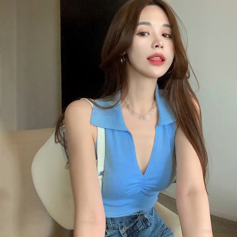 Áo Croptop Dệt Kim Cổ Chữ V Xếp Ly Quyến Rũ Thời Trang Cho Nữ