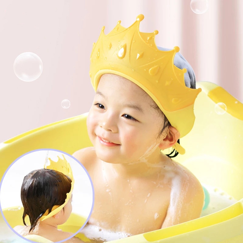 Mũ gội đầu em bé chống nước hình vương miện dễ thương có thể điều chỉnh