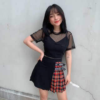 Chân váy nữa bên caro đỏ Natthy Style
