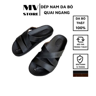 Dép nam quai ngang, Dép nam trung niên da bò đế lõm phù hợp chân nhỏ DT20