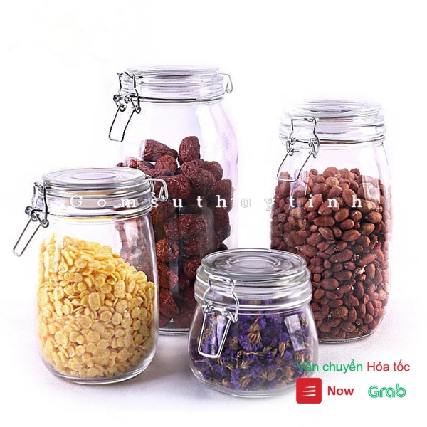 Hũ thủy tinh/ Bình thủy tinh tròn nắp cài khóa inox 1500ml đựng thực phẩm