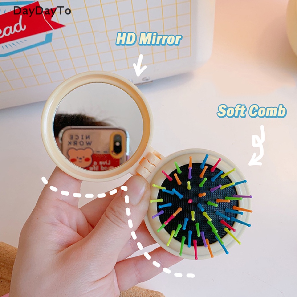 Lược Gấp Tích Hợp Gương Mát Xa Da Đầu Thiết Kế Nhỏ Gọn Dễ Thương