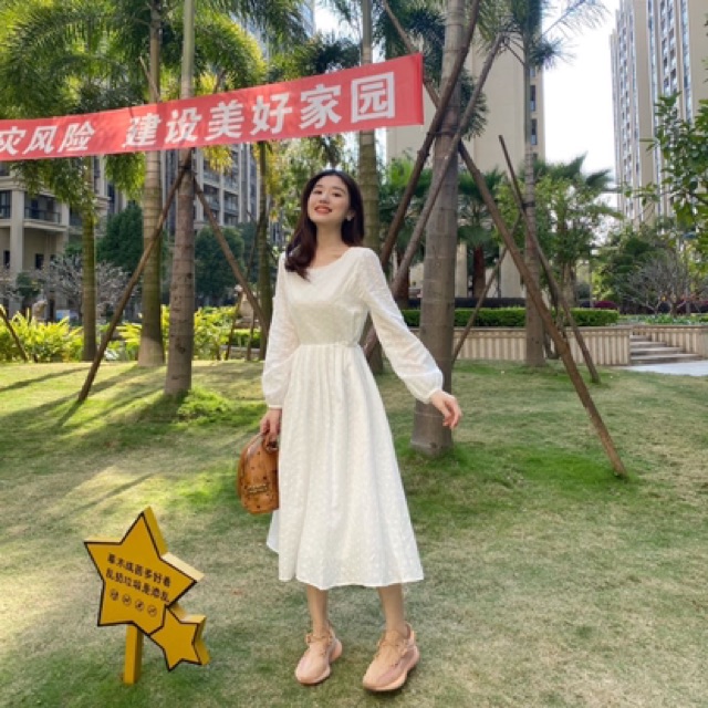 Váy thô trắng hoa nhí nơ hông MS2433