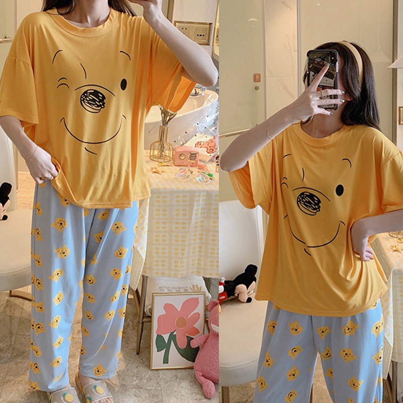 Bộ Đồ Ngủ Ngắn Tay Dáng Rộng In Hoạt Hình Xinh Xắn Cho Nữ