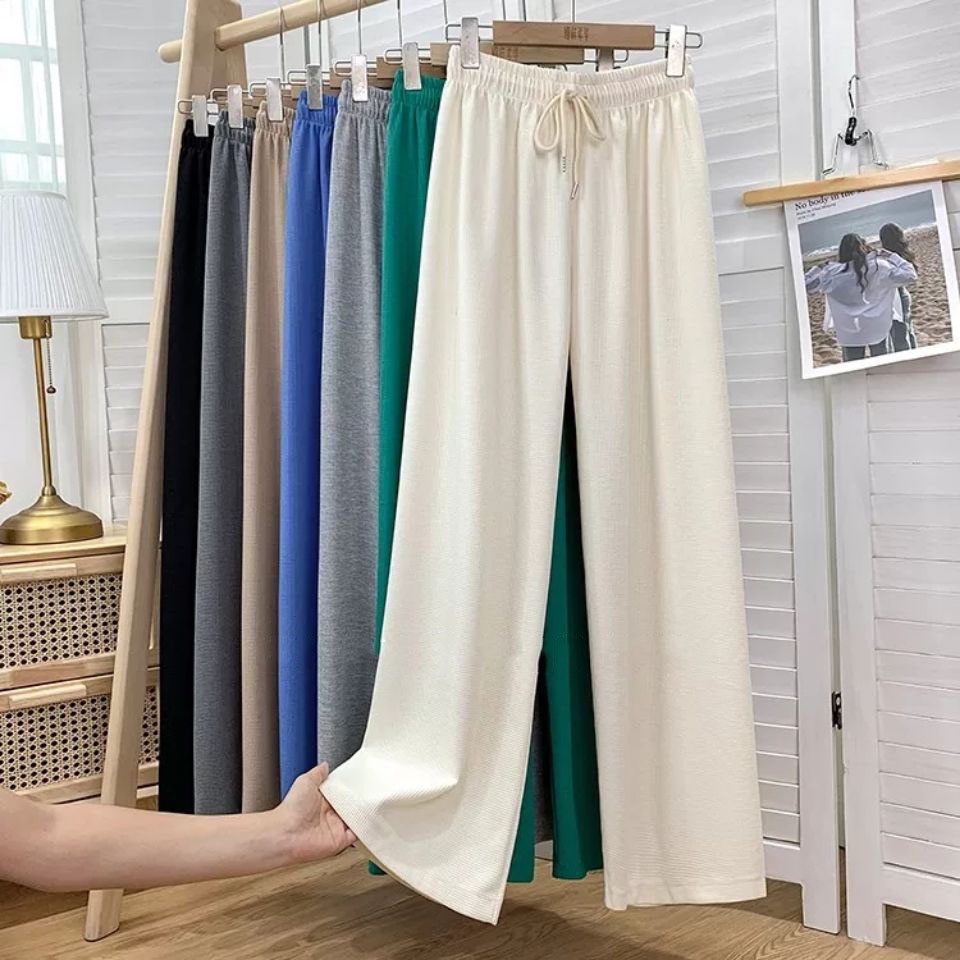 Quần ống rộng suông nữ  nỉ tổ ong cạp chun có dây rút phong cách Hàn Quốc