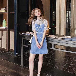 Váy jean phối sơ mi kẻ