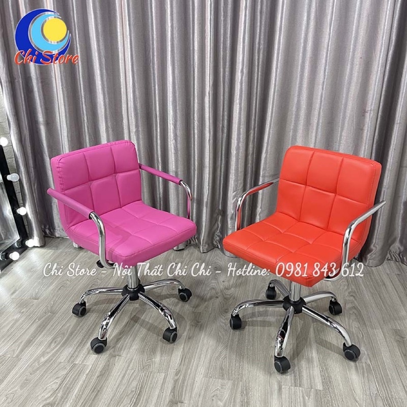 Ghế Bánh Xe Ngồi Bàn Trang Điểm, Ghế Spa Làm Tóc Phun Xăm Bọc Da Tựa Lưng Êm Ái Tay Vịn Xoay 360 Độ Chỉnh Độ Cao 40/55cm