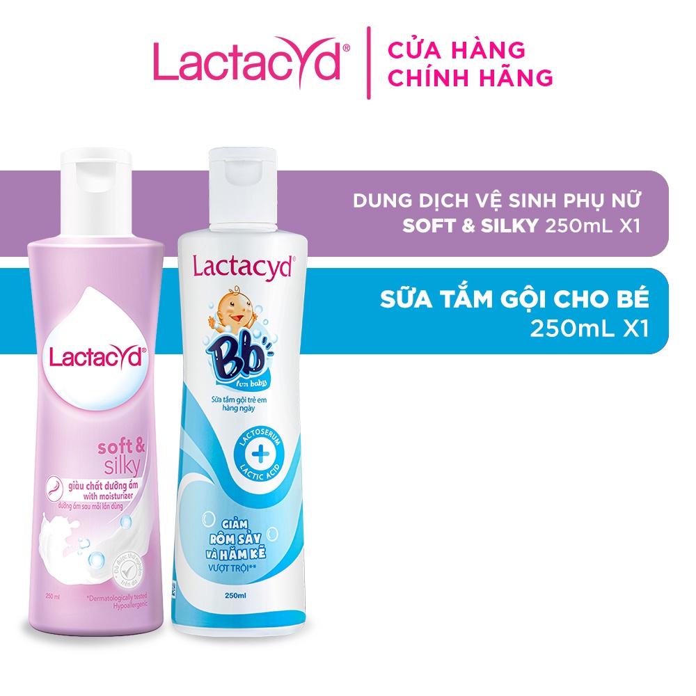 Bộ Dung Dịch Vệ Sinh Phụ Nữ Lactacyd Soft &amp; Silky Dưỡng Ẩm 250ml + Sữa Tắm Gội Trẻ em Lactacyd Bb 250ml