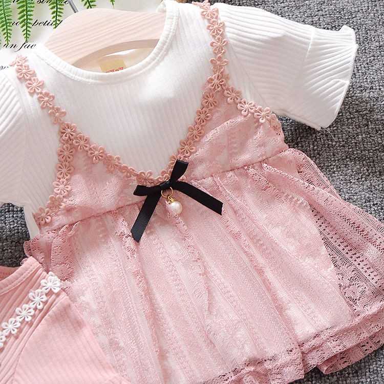 Đầm Công Chúa Vải Cotton Phối Ren Thời Trang Mùa Hè Cho Bé Gái 1-3 Tuổi