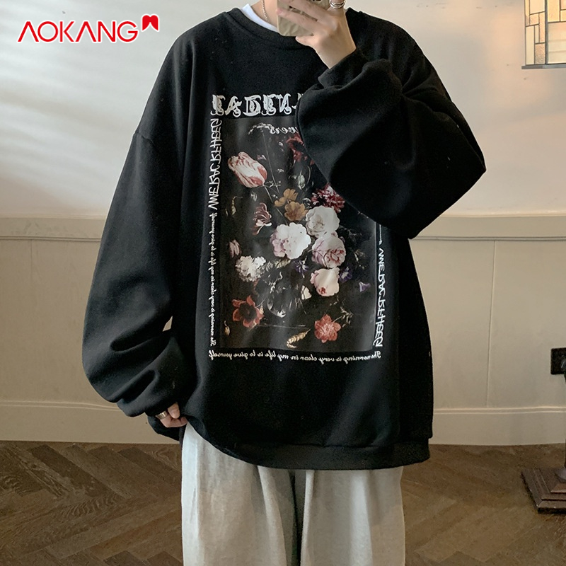 Áo sweater AOKANG cổ tròn dáng rộng in họa tiết thời trang xuân thu trẻ trung dành cho nam