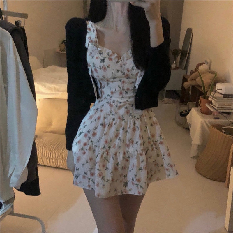 Hàng Mới Về Đầm Ngắn Hai Dây Eo Cao In Họa Tiết Hoa Hồng Thời Trang Mùa Hè Kiểu Pháp Cho Bạn Gái