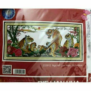 Tranh thêu chữ thập NGŨ HỔ LÂM MÔN  (222912)102×48 cm chưa thêu.