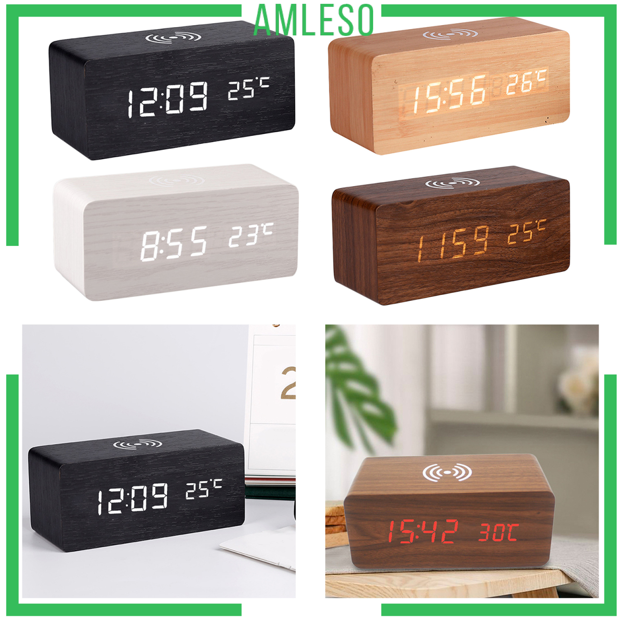 Digital Alarm Clock &amp; Wooden Electronic LED Time Display Temperature Detect