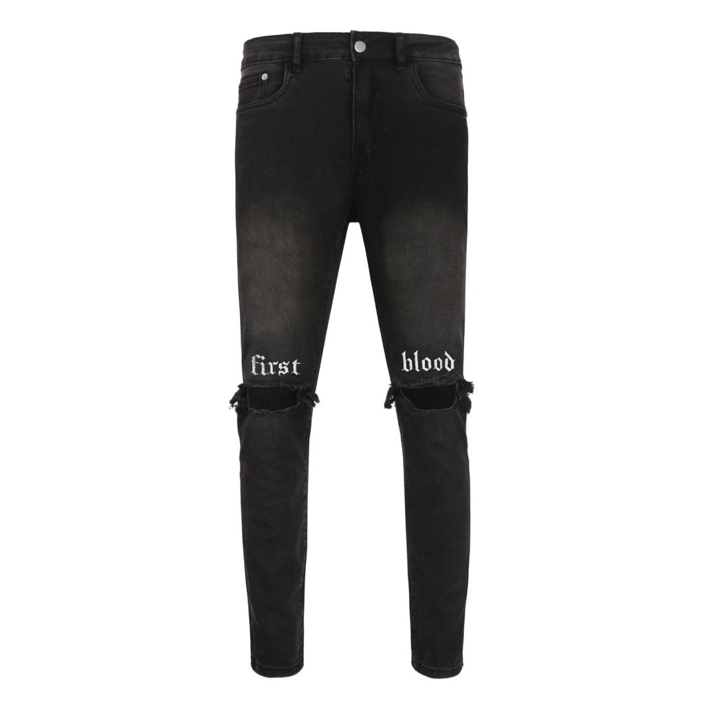 Quần Jean Nam Màu Xám Rách Gối Thêu Chữ First Blood Màu Trắng Chất Liệu Cotton Co Giãn Ống Ôm Form Skinny