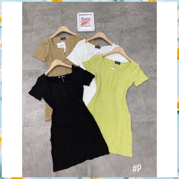 Váy Body vải chun, Đầm ôm Body Dáng Ngắn Cúc Ngực Mềm Siêu Tôn Dáng