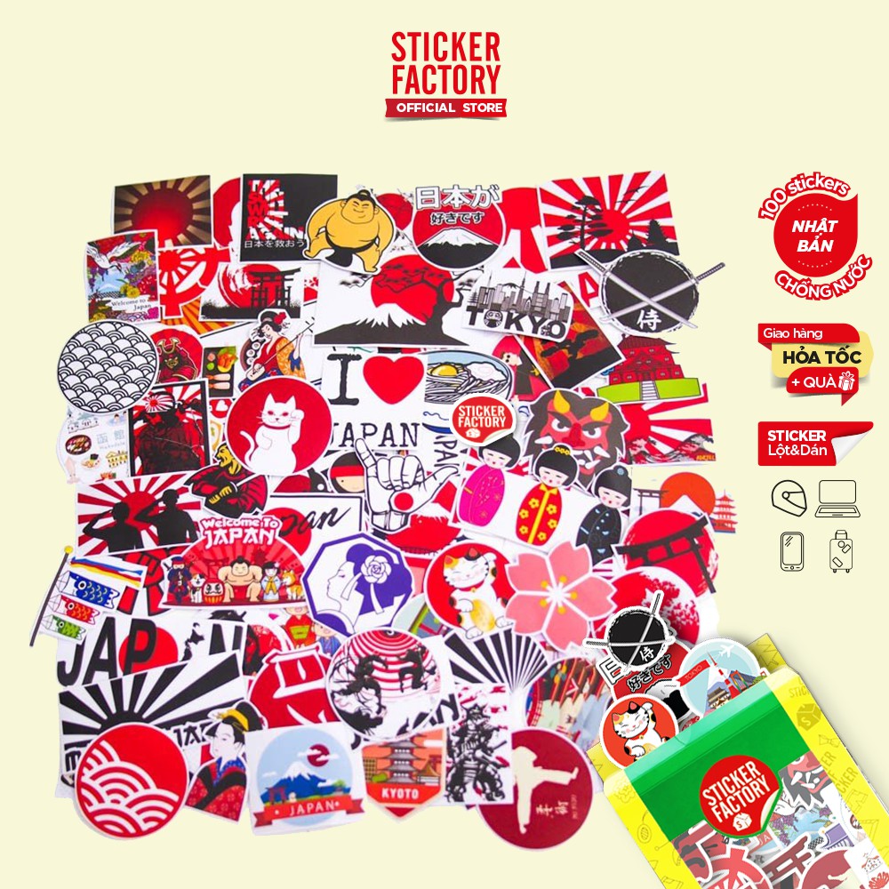 Nhật Bản Japan - hộp set 100 sticker decal hình dán nón bảo hiểm , laptop, xe máy, ô tô - STICKER FACTORY